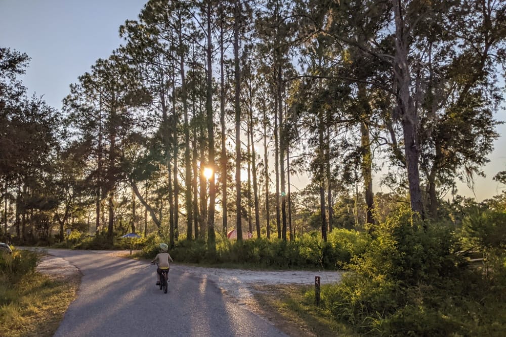 small child wearing helmet and biking on the road at sunset at Lake Manatee State Park