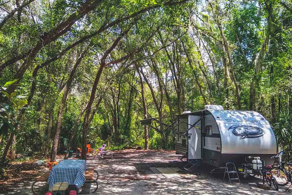 travel trailer on shady campsite