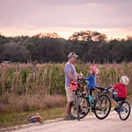 Man, girl, boy on bikes in the sunset