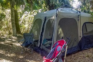 stroller, tent, and camping chair