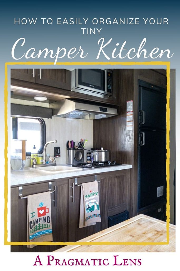 Graphic with camper kitchen and text