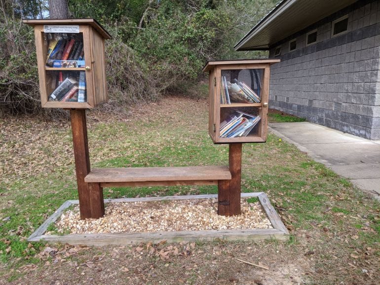 Two small enclosed shelves with books for borrowing Kolomoki Mounds State Park