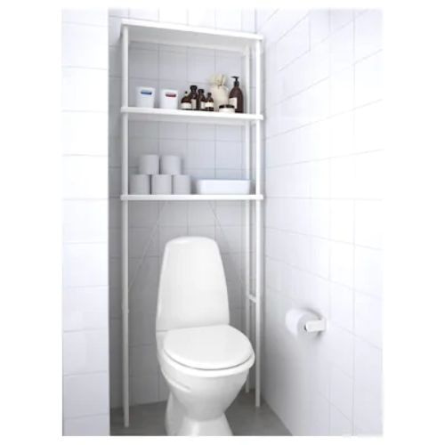 white shelving unit with three shelves above white toilet